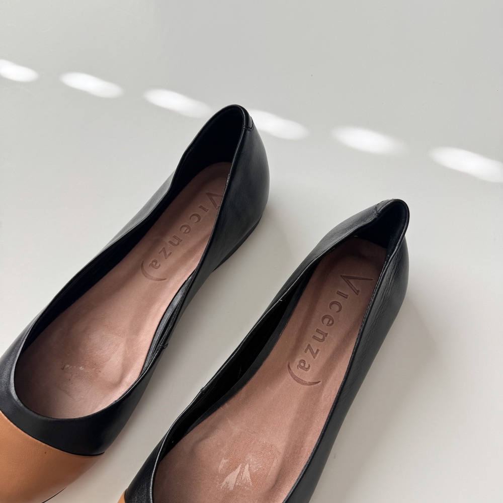 Vicenza Black Leather Two Tone Cap Toe Square Toe Ballet Flats Size 7 Brazil - Picture 5 of 10
